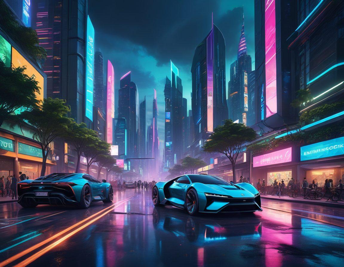 A futuristic city street at dusk, showcasing innovative cars with sleek designs and advanced technology, surrounded by vibrant digital billboards displaying automotive insights. The scene features diverse people interacting with the cars, using augmented reality gadgets. Include a backdrop of modern skyscrapers with green spaces. cyberpunk. vibrant colors. 3D.