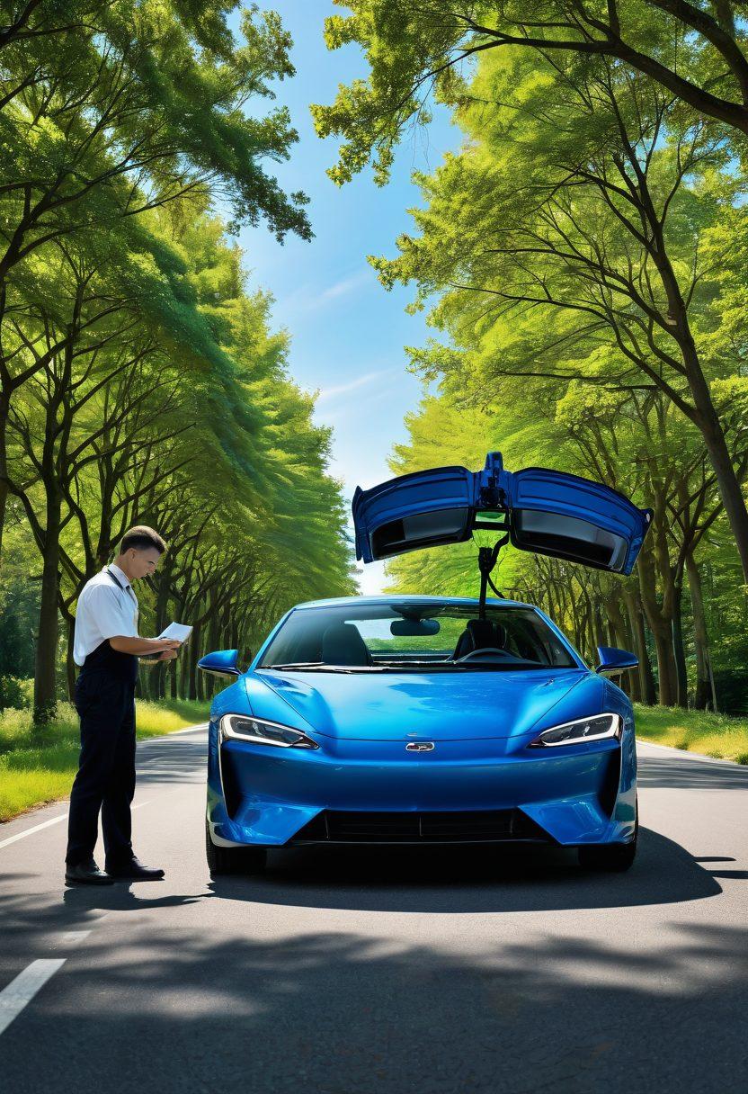 A sleek, modern car on a scenic road under a bright blue sky, surrounded by lush green trees. Include elements like a mechanic with tools inspecting the vehicle and a digital interface with car maintenance tips floating around. The scene exudes a sense of speed and smart technology. super-realistic. vibrant colors. white background.