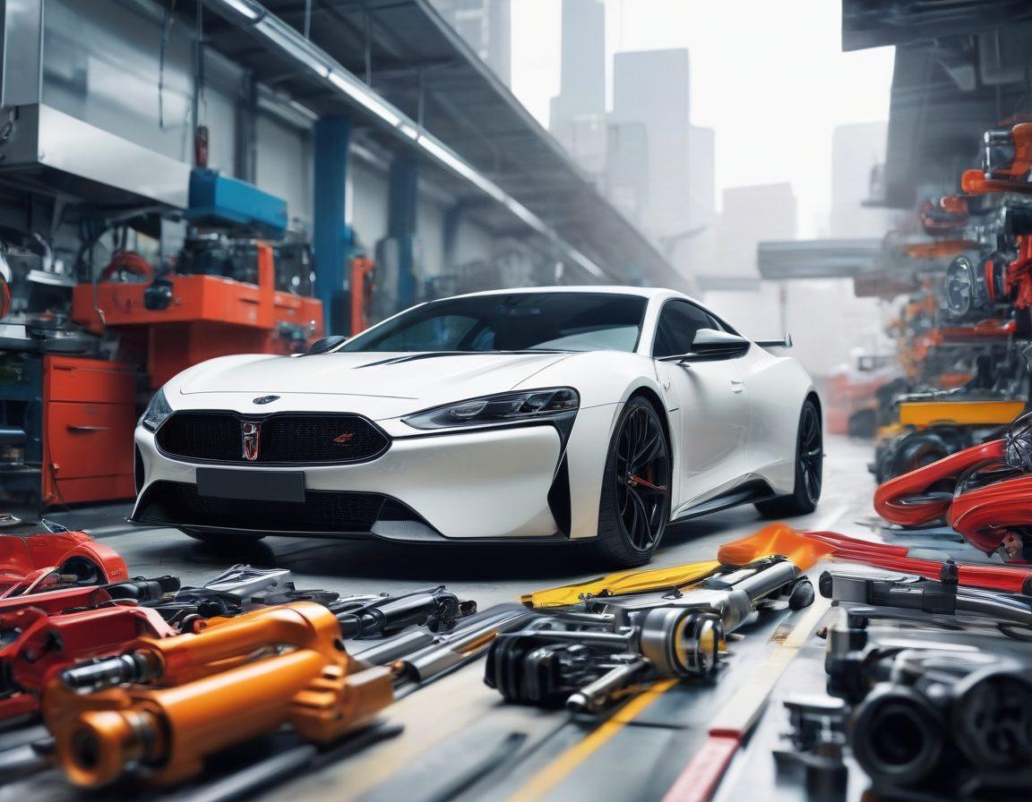 A dynamic montage showcasing various aspects of automotive excellence, featuring a sleek modern car on a winding road, a skilled mechanic at work, and car tools arranged neatly in the background. Include vibrant engine parts and a cityscape in the distance to symbolize innovation. Super-realistic. Vibrant colors. White background.